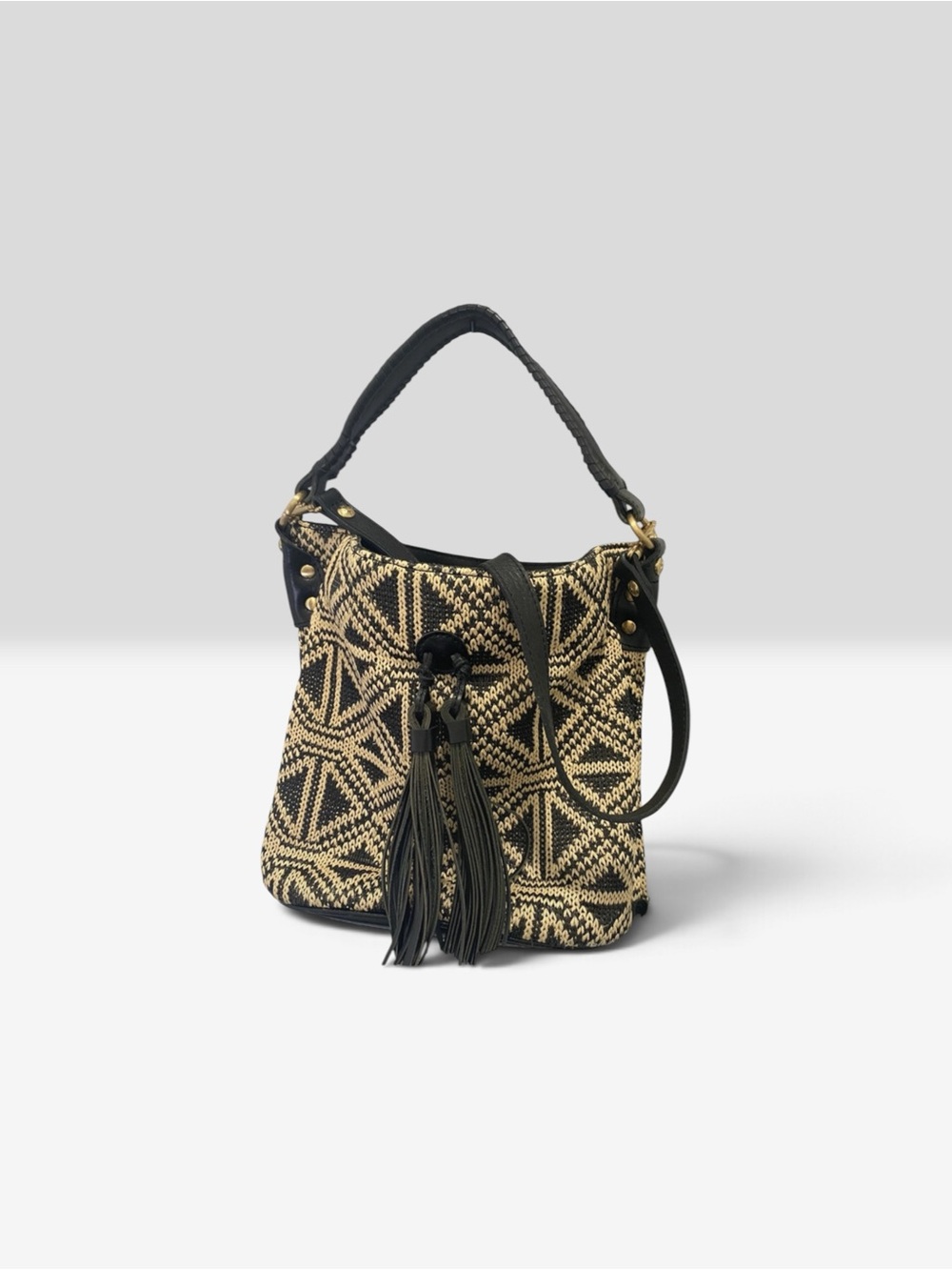 Patricia Nash Otavia Woven Bucket Bag Black Cream Leather Tassel Hobo Purse - Picture 3 of 8